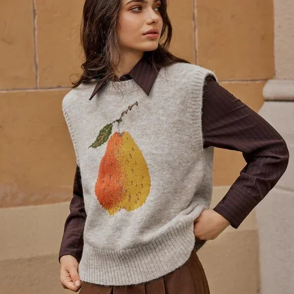 Trendy Khaki Women's Sweater Vest - Sleeveless Knit with Playful Pear Graphic - Picture 3 of 7